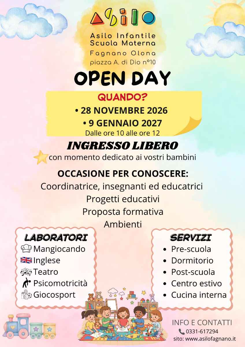 Open Day dell'Asilo Fagnano per l'a.s. 2027/28: 28 novembre e 9 gennaio